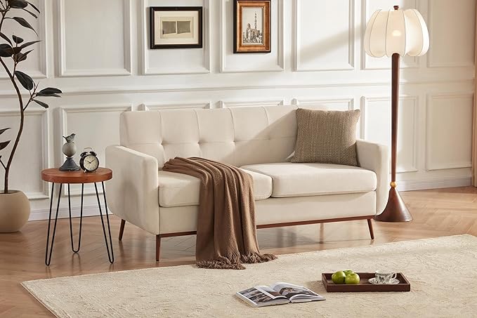 65" Loveseat Sofa, Mid Century Modern Love Seat Couches for Living Room, Comfy Upholstered Sofa Couch for Bedroom, Tufted Design 2 Seater Love Seat Sofa for Small Spaces (Linen-Beige) - LeafyLoom