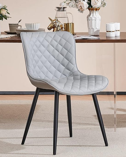 YOUTASTE Grey Dining Chairs Set of 2 Mid Century Modern PU Leather Diamond Upholstered Accent Guest Dinner Chair with Back Metal Legs for Kitchen Living Reception Waiting Room - LeafyLoom