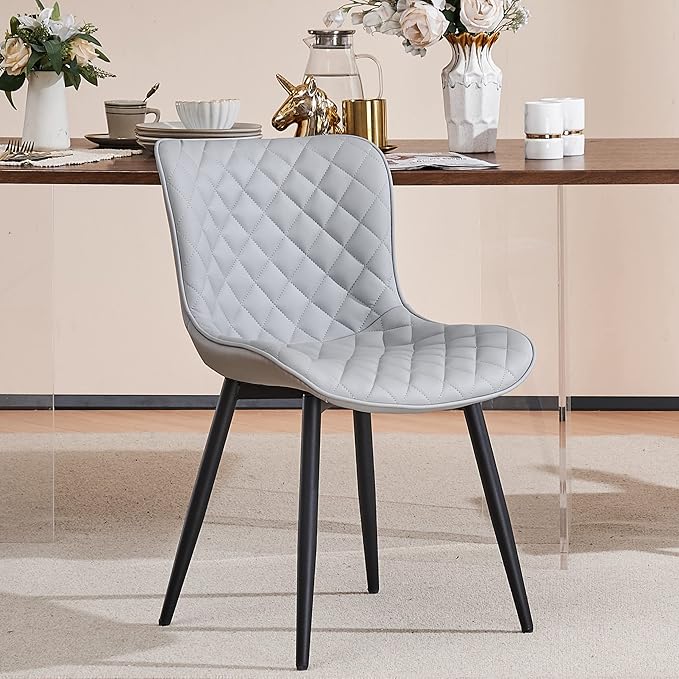 YOUTASTE Grey Dining Chairs Set of 2 Mid Century Modern PU Leather Diamond Upholstered Accent Guest Dinner Chair with Back Metal Legs for Kitchen Living Reception Waiting Room - LeafyLoom