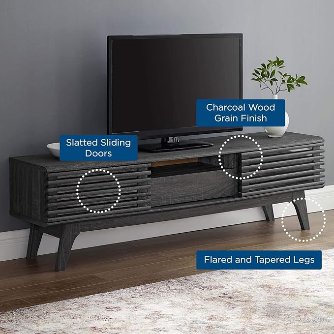 Modway Render Mid-Century Modern Low Profile 59 Inch TV Stand in Charcoal - LeafyLoom