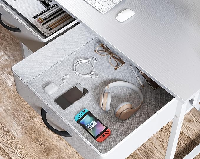 ODK 40 Inch Small Desk with Fabric Drawers- for Bedroom, White Vanity Desk with Storage, Home Office Computer Desk for Small Spaces, Modern Work Writing Study Table, White - LeafyLoom