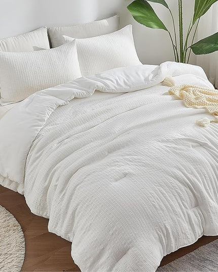 ENCOFT White Comforter King Size, Soft Microfiber Farmhouse Boho Comforter Set King, 3 Pieces Lightweight Winter Bedding with 1 Textured Striped Comforter and 2 Pillowcases, 104x90 Inches - LeafyLoom