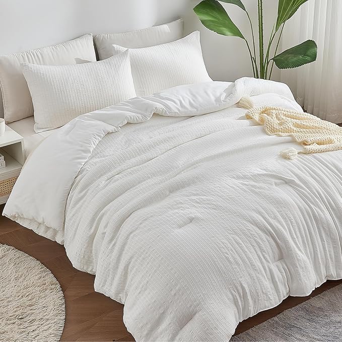 ENCOFT White Comforter King Size, Soft Microfiber Farmhouse Boho Comforter Set King, 3 Pieces Lightweight Winter Bedding with 1 Textured Striped Comforter and 2 Pillowcases, 104x90 Inches - LeafyLoom