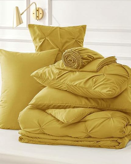 Bedsure Twin Comforter Set with Sheets - 5 Pieces Twin Bedding Sets, Pinch Pleat Mustard Yellow Twin Bed in a Bag with Comforter, Sheets, Pillowcase & Sham - LeafyLoom