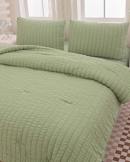 5 Pcs Sage Green Comforter Sets Queen Size for Girls Women Kids, Boho Light Green Bedding Set Queen Size,Soft Lightweight Microfiber Bed Set for All Season - LeafyLoom