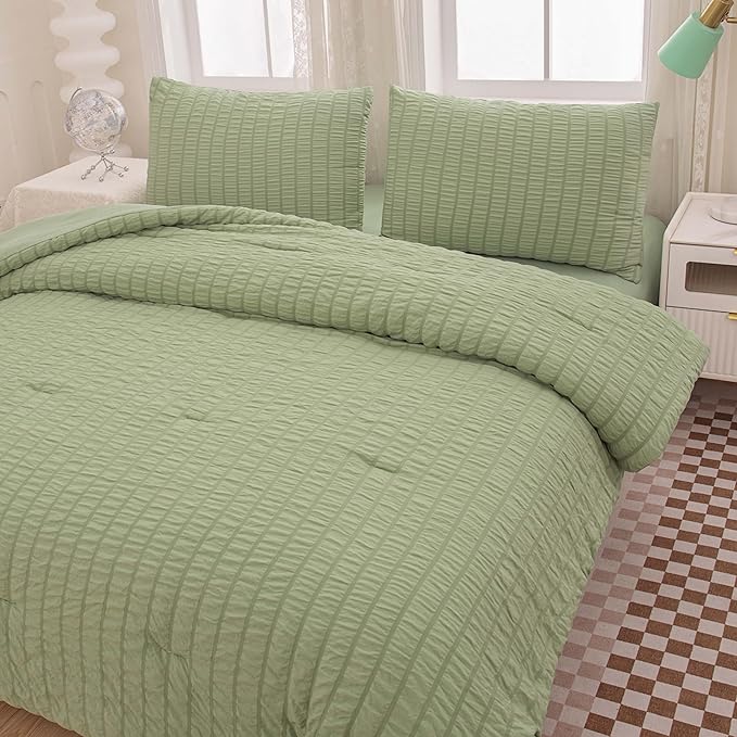 5 Pcs Sage Green Comforter Sets Queen Size for Girls Women Kids, Boho Light Green Bedding Set Queen Size,Soft Lightweight Microfiber Bed Set for All Season - LeafyLoom