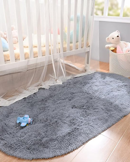 Merelax Soft Shaggy Rug for Kids Bedroom, Oval 2.6 x5.3 ft Grey Plush Fluffy Carpets for Living Room, Furry Carpet for Teen Girls Room, Anti-skid Fuzzy Comfy Rug for Nursery Decor Cute Baby Play Mat - LeafyLoom