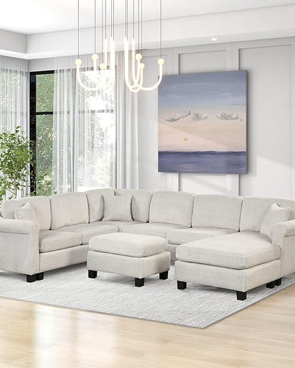 122.1" Modern U-Shape Sectional Sofa with Right Side Chaise & Removable Ottoman, Velvet Upholstered Couch w/ 3 Pillows, for Living Room, Apartment, 122.1 Inch, White - LeafyLoom