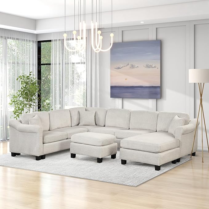 122.1" Modern U-Shape Sectional Sofa with Right Side Chaise & Removable Ottoman, Velvet Upholstered Couch w/ 3 Pillows, for Living Room, Apartment, 122.1 Inch, White - LeafyLoom