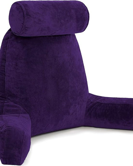 Husband Pillow XXL Purple Backrest with Arms - Adult Reading Pillow with Shredded Memory Foam, Ultra-Comfy Removable Microplush Cover & Detachable Neck Roll, Unmatched Support Bed Rest Sit Up Pillow - LeafyLoom