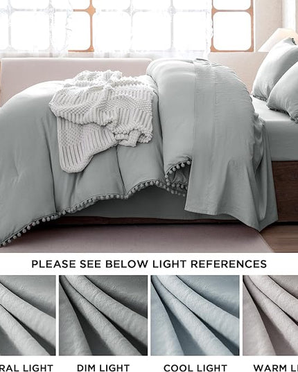 Litanika Queen Size Comforter Set Light Grey,3 Pieces Light Grey Boho Pom Pom Lightweight Bed Comforter, All Season Soft Solid Color Bedding Comforter Sets (1 Comforter 90x90 Inch, 2 Pillowcases) - LeafyLoom