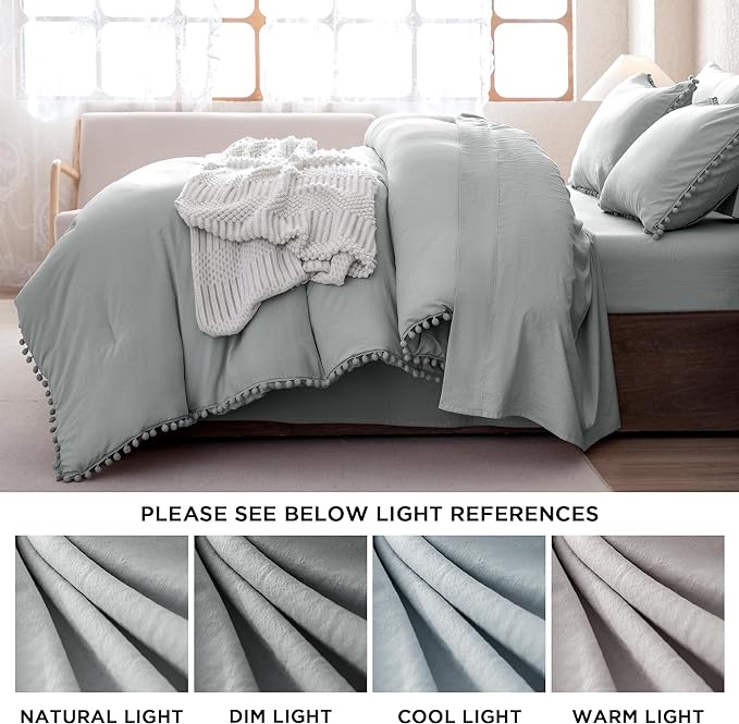 Litanika Queen Size Comforter Set Light Grey,3 Pieces Light Grey Boho Pom Pom Lightweight Bed Comforter, All Season Soft Solid Color Bedding Comforter Sets (1 Comforter 90x90 Inch, 2 Pillowcases) - LeafyLoom