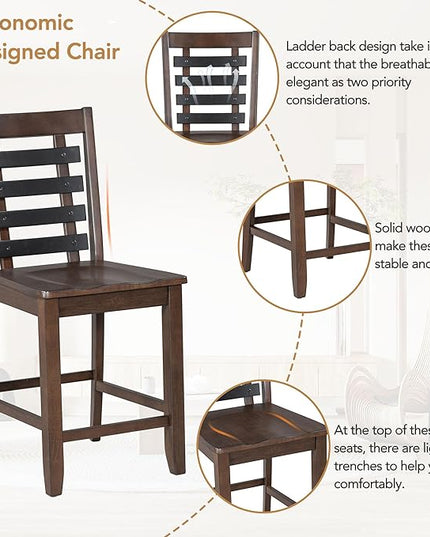 Counter Height Dining 4 with Faux Marble Tabletop, Solid Wood Modern Table Set with Storage Cabinet and Drawer, Dark Walnut - LeafyLoom