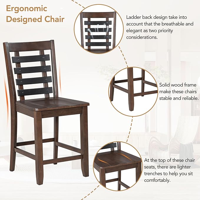 Counter Height Dining 4 with Faux Marble Tabletop, Solid Wood Modern Table Set with Storage Cabinet and Drawer, Dark Walnut - LeafyLoom