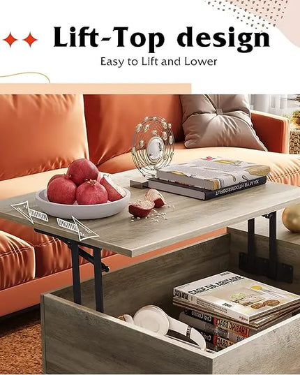 WLIVE Lift Top Coffee Table with Storage for Living Room,Small Hidden Compartment and Adjustable Shelf,Mid Century Modern ,Wood,Greige - LeafyLoom