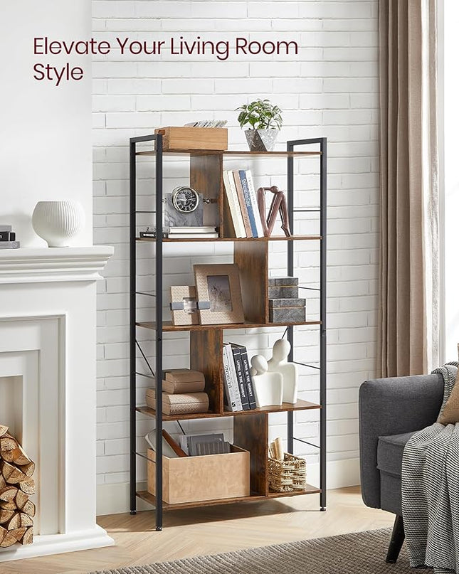 VASAGLE Bookshelf, 5-Tier Bookcase, Storage Shelving Unit, Display Shelf with Open Compartments for Living Room Home Office, Bedroom, Industrial, 11.8" D x 29.1" W x 59.1" H, Rustic Brown + Black - LeafyLoom