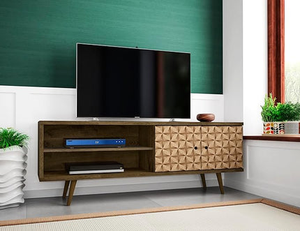 Manhattan Comfort Liberty Mid Century Modern TV Stand for Televisions up to 60 Inches, Bedroom and Living Room Entertainment Center with Storage, Shelves, and Cabinet, 63" Wide, Rustic Brown/3D Brown - LeafyLoom