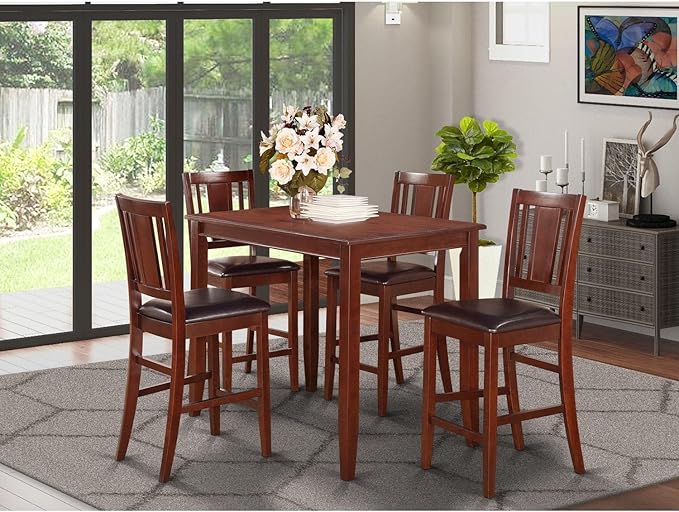 East West Furniture BUCK5-MAH-LC 5 Piece Counter Height Dining Table Set Includes a Rectangle Kitchen Table and 4 Faux Leather Dining Room Chairs, 30x48 Inch, Mahogany - LeafyLoom