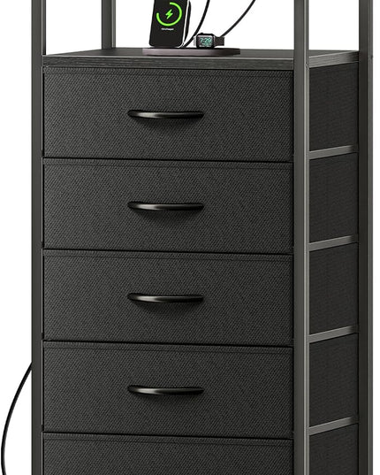 5 Drawers Dresser with Charging Station, Dresser for Bedroom, Tall Night Stand, Chest of Drawers with Open Shelf, Bedside Table Nightstand, Fabric Dresser Storage Drawers, for Entryway, Black - LeafyLoom