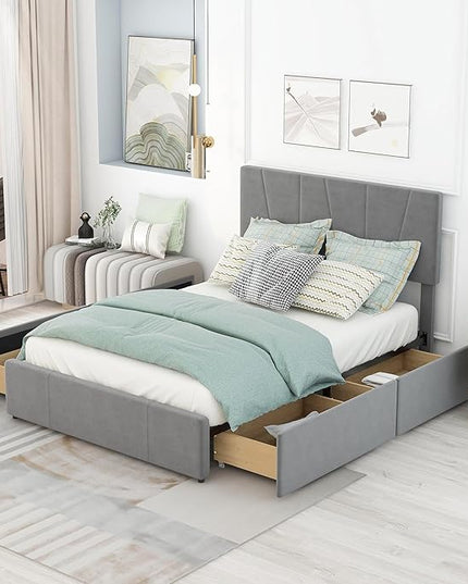 Full Size Upholstery Platform Bed with 4 Storage Drawers on Two Sides, Adjustable Velvet Headboard and Footboard, No Box Spring Needed, Gray - LeafyLoom