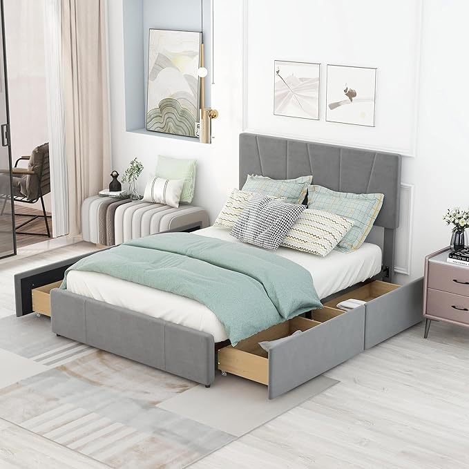 Full Size Upholstery Platform Bed with 4 Storage Drawers on Two Sides, Adjustable Velvet Headboard and Footboard, No Box Spring Needed, Gray - LeafyLoom