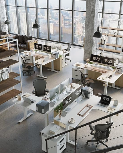 FEZIBO Triple Motor L-Shaped Electric Standing Desk, 63 Inches Height Adjustable Stand up Corner Desk, Sit Stand Workstation with Splice Board, White Frame/White Top - LeafyLoom