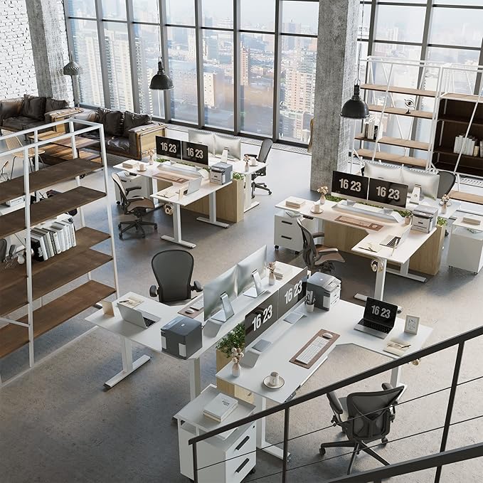 FEZIBO Triple Motor L-Shaped Electric Standing Desk, 63 Inches Height Adjustable Stand up Corner Desk, Sit Stand Workstation with Splice Board, White Frame/White Top - LeafyLoom
