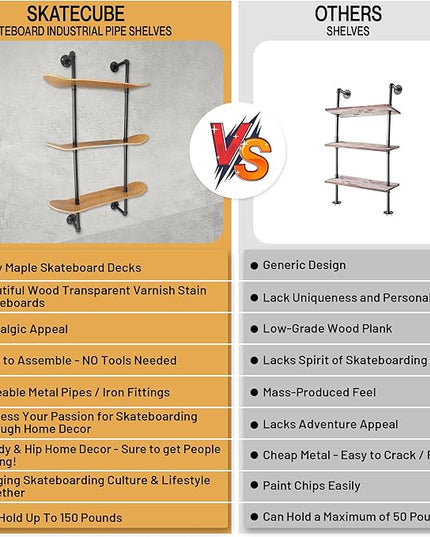 Industrial Shelves - 3 Tier Floating Shelf Bookcase with Mellow Concave Skateboard Decks - Natural Wood Stain Finish - Easy to Assemble - Bathroom Wall Decor, Book Shelf for Living Room - LeafyLoom