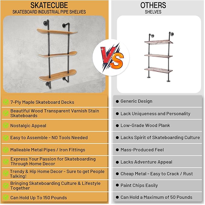 Industrial Shelves - 3 Tier Floating Shelf Bookcase with Mellow Concave Skateboard Decks - Natural Wood Stain Finish - Easy to Assemble - Bathroom Wall Decor, Book Shelf for Living Room - LeafyLoom