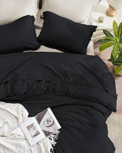 Andency Black Comforter Set Full Size, 3 Pieces Boho Tassel Lightweight Bedding Comforter Sets, All Season Soft Fluffy Fringe Bed Set (79x90In Comforter & 2 Pillowcases) - LeafyLoom