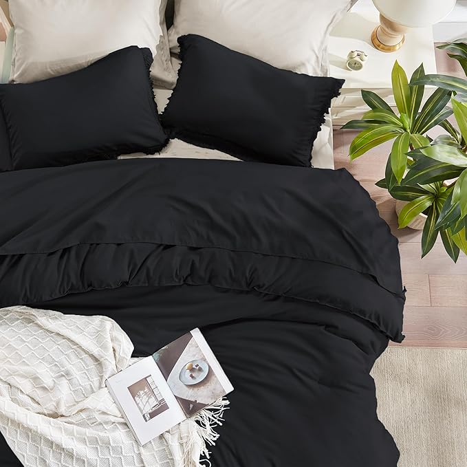 Andency Black Comforter Set King Size, 3 Pieces Boho Tassel Lightweight Bedding Comforter Sets for King Bed, All Season Soft Fluffy Fringe Bed Set (104x90In Comforter & 2 Pillowcases) - LeafyLoom