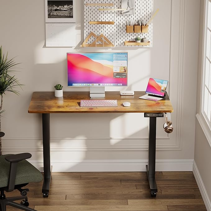 Electric Standing Desk 40 Inch, Ergonomic Height Adjustable Table with T-Shaped Metal Bracket Modern Computer Workstations for Home Office, Rustic Brown - LeafyLoom