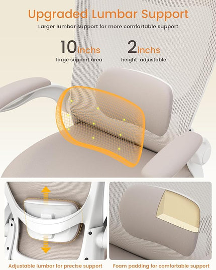 Office Chair, Ergonomic Desk Chair with Adjustable Lumbar Support and Flip up Armrest, Breathable Mesh Computer Chair for Home Office, Khaki - LeafyLoom