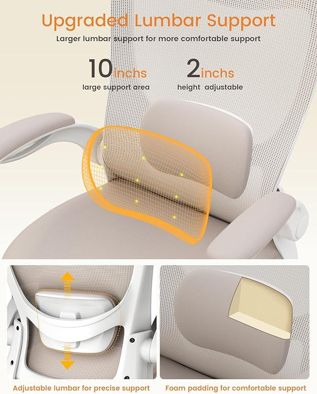 Office Chair, Ergonomic Desk Chair with Adjustable Lumbar Support and Flip up Armrest, Breathable Mesh Computer Chair for Home Office, Khaki - LeafyLoom