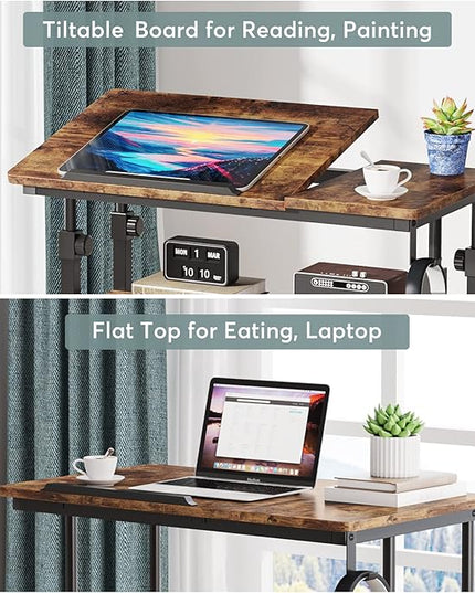 Small Portable Rolling Computer Desk Height Adjustable Standing Table, Brown - LeafyLoom