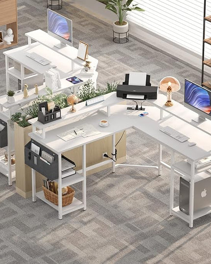 Aheaplus L Shaped Gaming Desk with Power Outlets & LED Lights, Computer Corner Desk with Monitor Stand and Storage Shelf, Home Office Writing Desk with Storage Bag, White - LeafyLoom