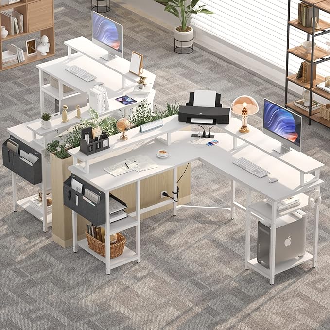 Aheaplus L Shaped Gaming Desk with Power Outlets & LED Lights, Computer Corner Desk with Monitor Stand and Storage Shelf, Home Office Writing Desk with Storage Bag, White - LeafyLoom