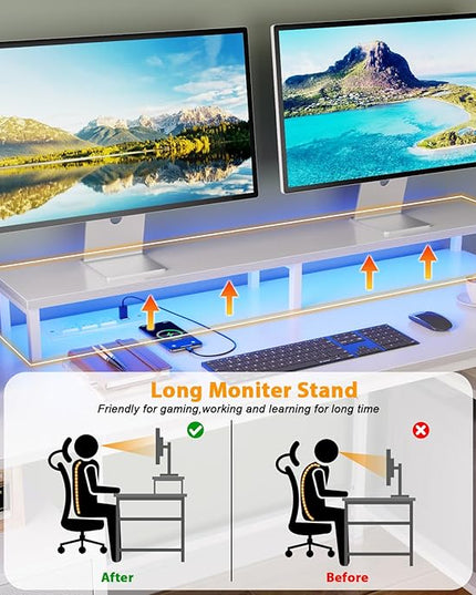Furologee 61" Desk with LED Light & Power Outlets, Reversible Computer Desk with File Cabinet & Drawer, White Gaming Desk Writing Table with Dual Monitor Stand, for Home/Office/White - LeafyLoom