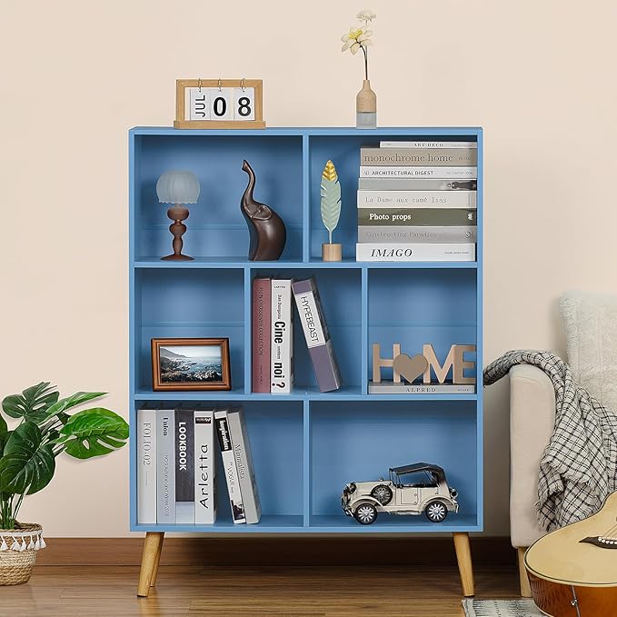 YAHARBO 7 Cube Bookshelf, Blue Kids Book Shelf with Cubby Storage,Wooden Modern Bookcase with Legs,3 Tier Freestanding Display Book Case,Children Toy Organizer,Bookshelves for Office,Nursery,Playroom - LeafyLoom