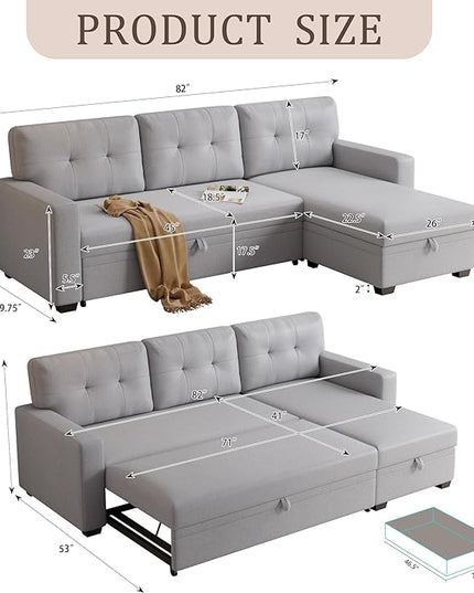 82" Sectional Sofa with Storage Chaise & Pull-Out Bed,L-Shape Convertible 3 Seater Couch W/Tufted Backrest,Reversible Sleeper for Living Room Apartment Office, Light Gray3 - LeafyLoom