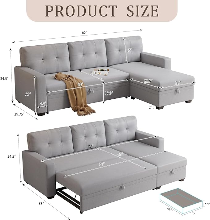 82'' L Shape Sectional Sleeper Sofa with Pull Storage Chaise,Upholstered Convertible Corner Couch Bed W/ 3 Removable Back Cushions and Armrest for Living Room,Office,Light Grey, 82" - LeafyLoom