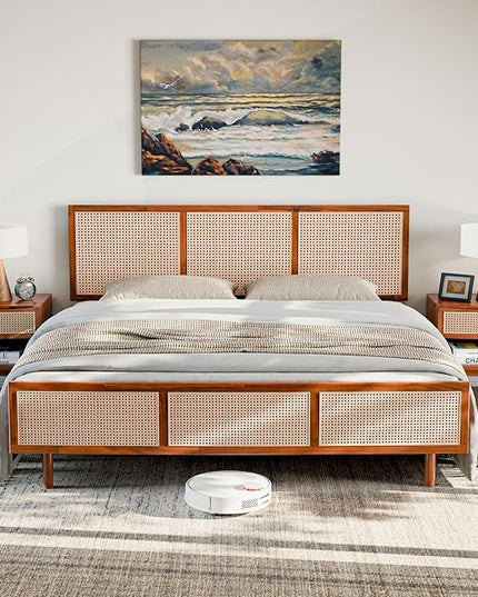 Bme Nancy Signature Bed Frame, King Bed Frame and Headboard Unique Geometric, Mid Century Modern, Solid Acacia Wood, No Box Spring Needed, 12 Strong Wood Slats Support, Easy Assembly, Dark Chocolate - LeafyLoom
