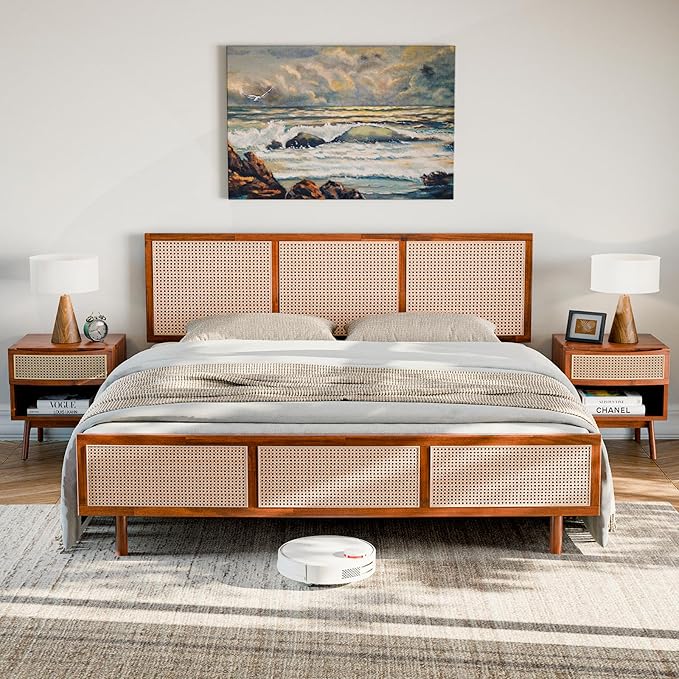Bme Nancy Signature Bed Frame, King Bed Frame and Headboard Unique Geometric, Mid Century Modern, Solid Acacia Wood, No Box Spring Needed, 12 Strong Wood Slats Support, Easy Assembly, Dark Chocolate - LeafyLoom