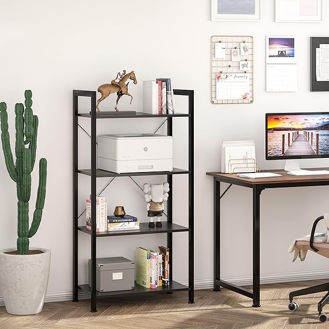 VERMESS Industrial Bookshelf, 4-Tier 24inch Black Shelving Unit Wood Bookcase with Open Shelves, Rustic Standing Bookshelves Metal Frame Display Rack for Living Room,Bedroom, 24 * 11.8 * 47.2inch - LeafyLoom