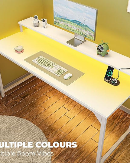 SUPERJARE 55 inch Computer Desk with LED Lights & Power Outlets, Gaming Desk with Monitor Shelf, Small Office Desk for Home & Office, White - LeafyLoom