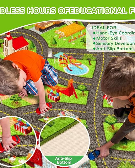 Kids Rugs Traffic Road Carpet for Car City Map Play Rug 3.3'×5' for Playroom Educational Mat Area Rug, Kid Playtime Collection Toddler Car Track Rug Cute Cartoon (City Road B, 39.4×59 in) - LeafyLoom