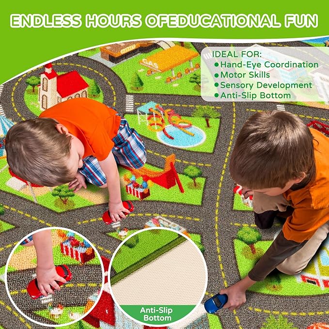 Kids Rugs Traffic Road Carpet for Car City Map Play Rug 3.3'×5' for Playroom Educational Mat Area Rug, Kid Playtime Collection Toddler Car Track Rug Cute Cartoon (City Road B, 39.4×59 in) - LeafyLoom