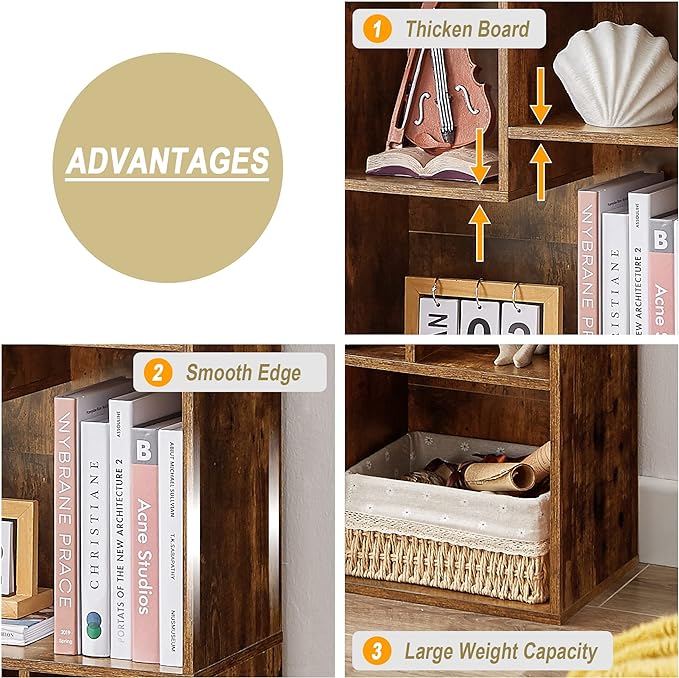 VECELO 3-Cube Open Bookcase, Small Bookshelf with Height Difference Shelves for Most Books, Horizontal Available, 2-Tier Storage Organizer for Home Office, Living Room, Rustic Brown - LeafyLoom