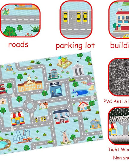 Kids Car Rug,4x6 City Life Traffic Road Playmat for Toy Cars Trains, Non-Slip Race Track Carpet Educational Fun Area Rugs for Boy and Girl Bedroom Nursery - LeafyLoom