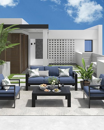 Solaste Aluminum Patio Furniture Set, 4 Pcs Modern Outdoor Conversation Set Sectional Sofa with Upgrade Cushion and Coffee Table,Black Frame and Blue Cushion - LeafyLoom